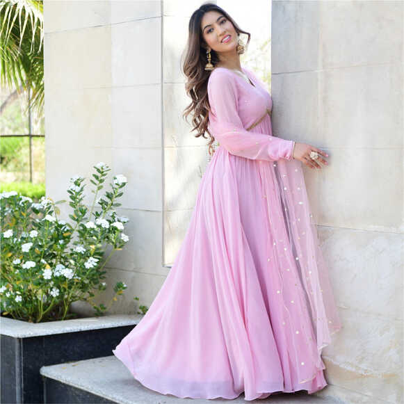 Buy Baby Pink Georgette Anarkali Long Dress Online | Lavanya The Label