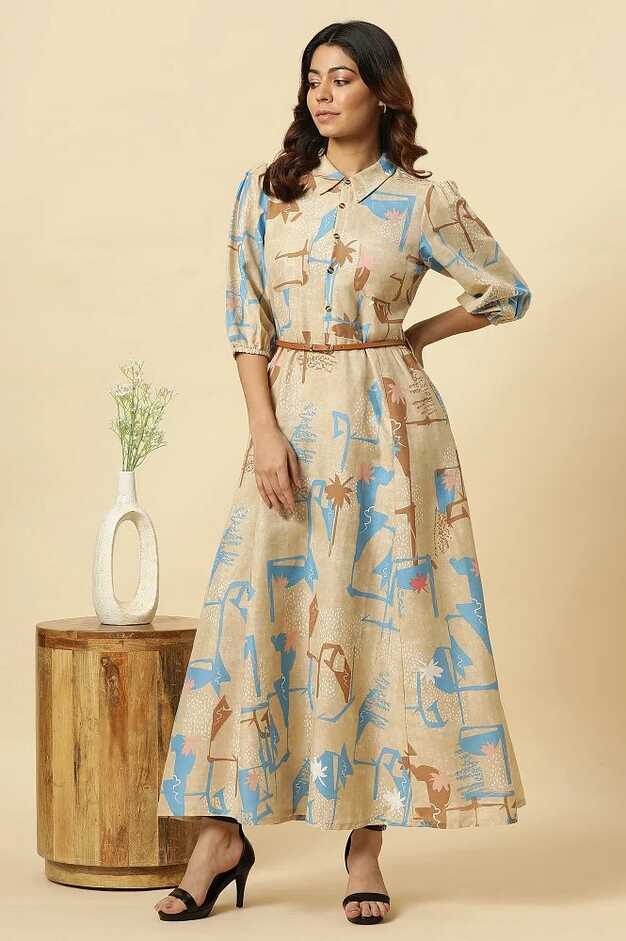 Buy Beige Abstract Printed Western Long Dress With Belt Online ...