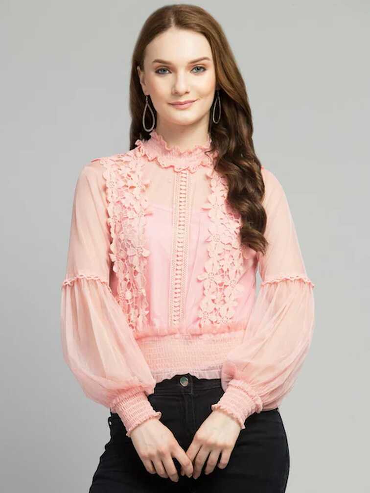 Buy Bitsy Owl Women Pink Solid Net Blouson Top|TOPS|WOMEN TOPS ...