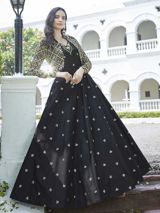 Buy Black Cotton Embroidered Party Wear Anarkali Gown With Muti ...