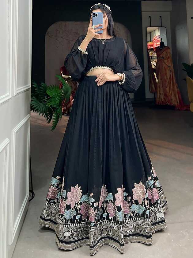 Buy Black Embroidered Georgette Party Wear Crop Top Lehenga From ...