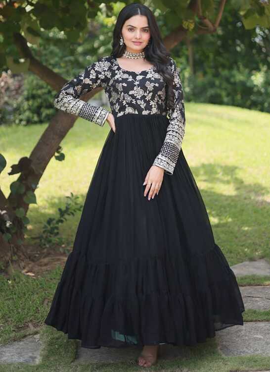 Buy Black Faux Georgette Embroidered Dresses and Gown Party Wear ...