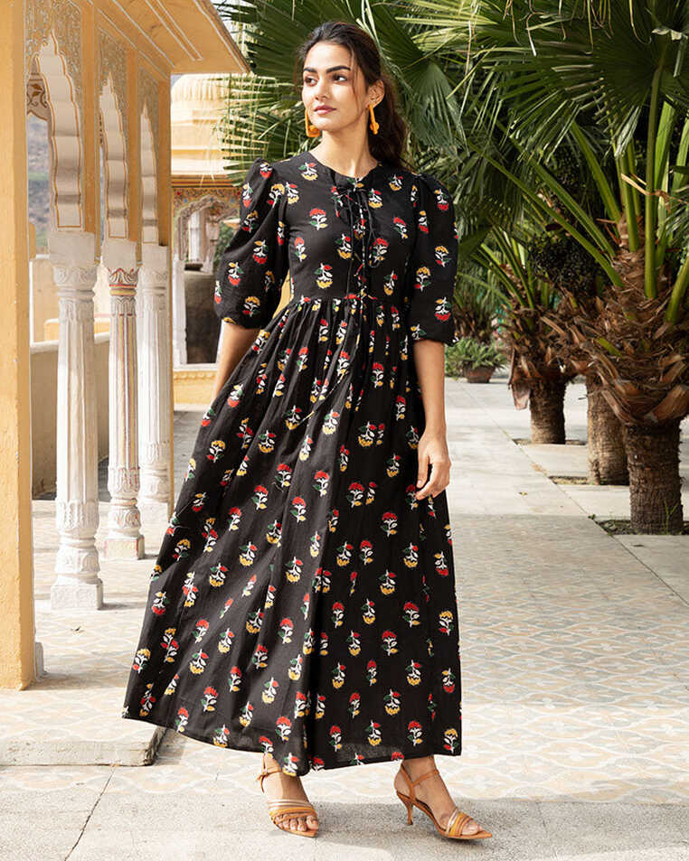 Buy Black Floral Printed Cotton Maxi Dress Online in India