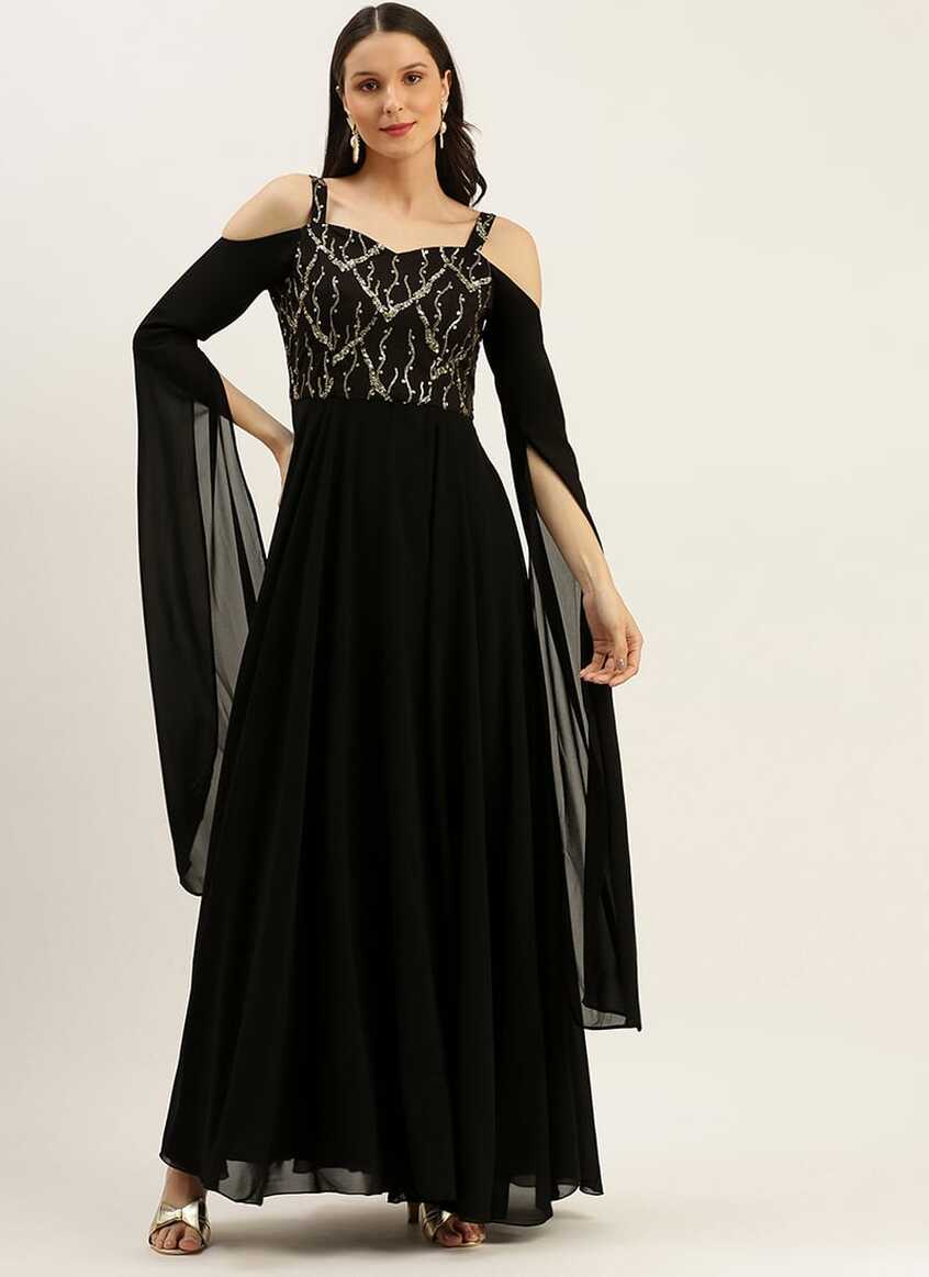 Buy Black Net Embroidered Cape Style Sleeve Gown Party Wear Online ...