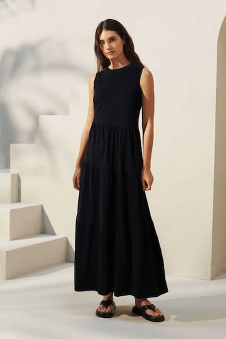 Buy Black Sleeveless Crew Neck Tiered Summer Maxi Jersey Dress ...