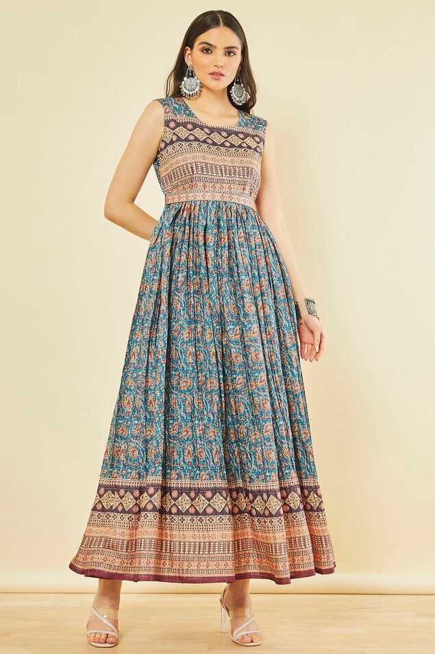 Buy Blue Art Silk Paisley Print Sleeveless Dress with Belt for ...