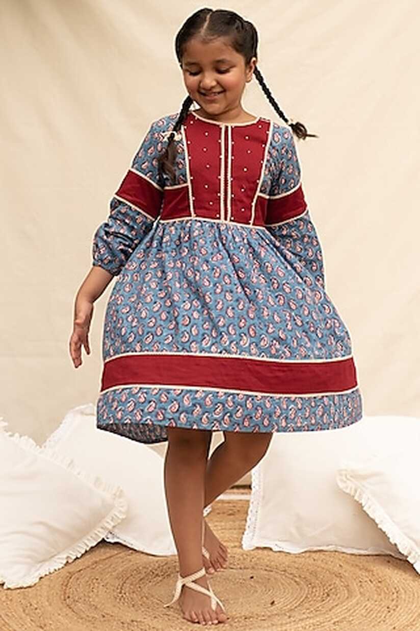 Buy Blue Block Printed Dress for 13-14 Year Girls Online from ...