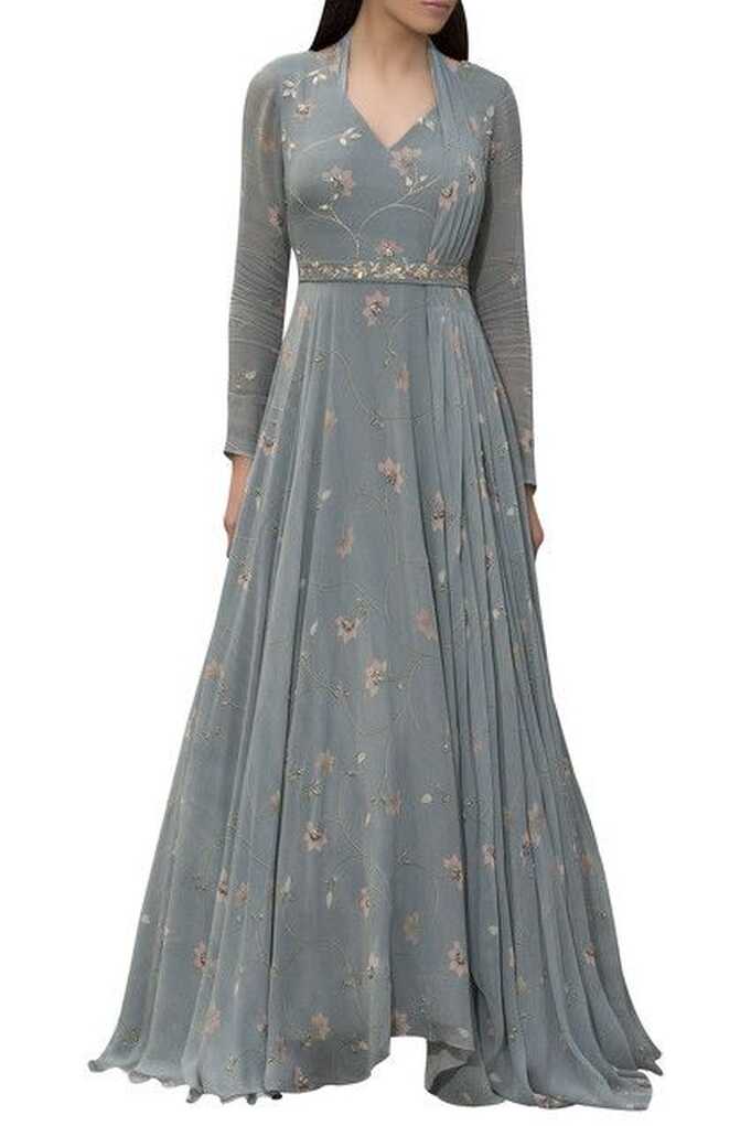 Buy Blue Georgette Printed And Anarkali With Belt &amp; Attached ...