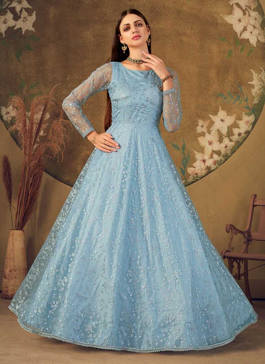 Buy Blue Net Designer Gown : 195573 -