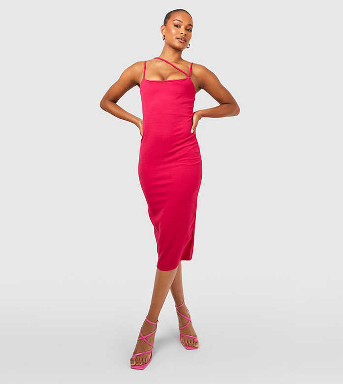 Buy Boohoo Tall Strapping Detail Bodycon Midi Dress In Hot Pink ...