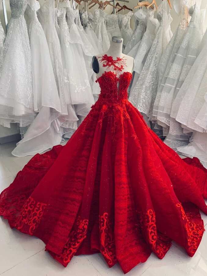 Buy Bright Red Princess Wedding Dress With Unique Neck Design ...