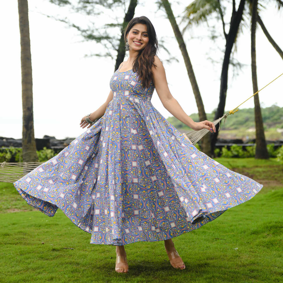 Buy Bunaai Baleine Blue Printed Cotton Maxi Dress For Women Online