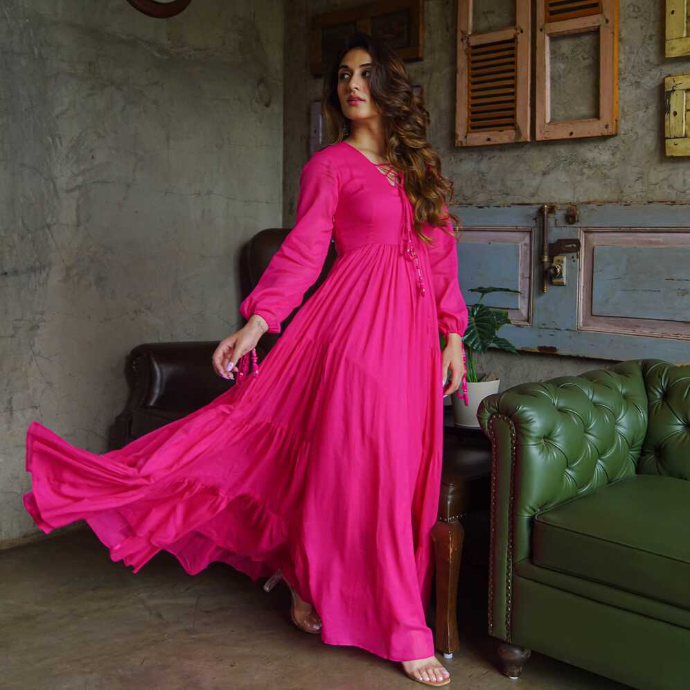 Buy Bunaai Hot Pink Cotton Maxi Anarkali Dress For Women Online