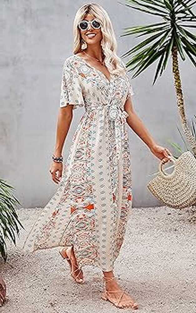 Buy CCTOO Women&#39;s Summer Maxi Dress Casual Boho Floral Wrap V Neck ...