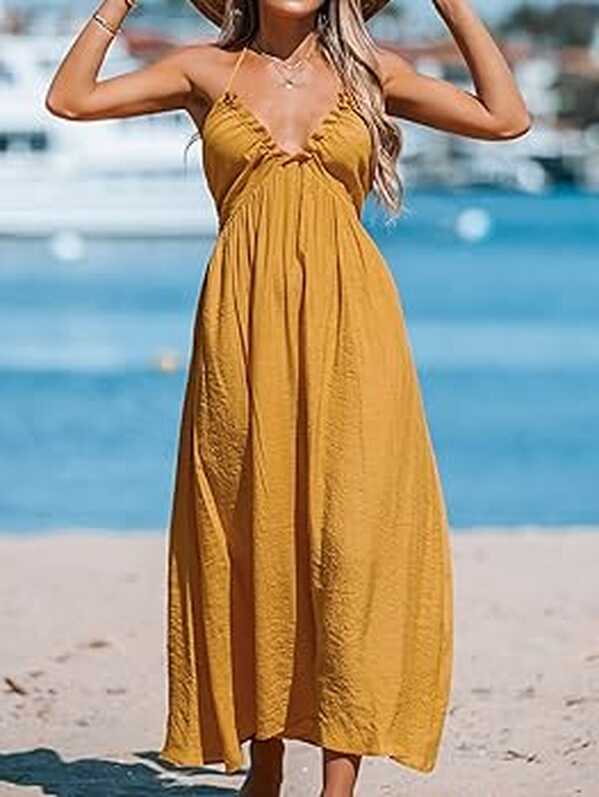 Buy CUPSHE Women Halter V-Neck Beach Long Dress Summer Relaxed Fit ...