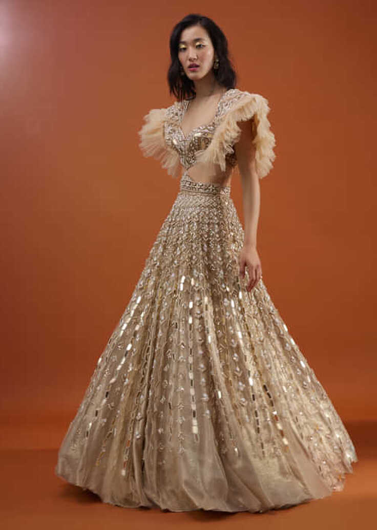 Buy Champagne Gold Angelic Net Gown With Mirror Work And Ruffle ...