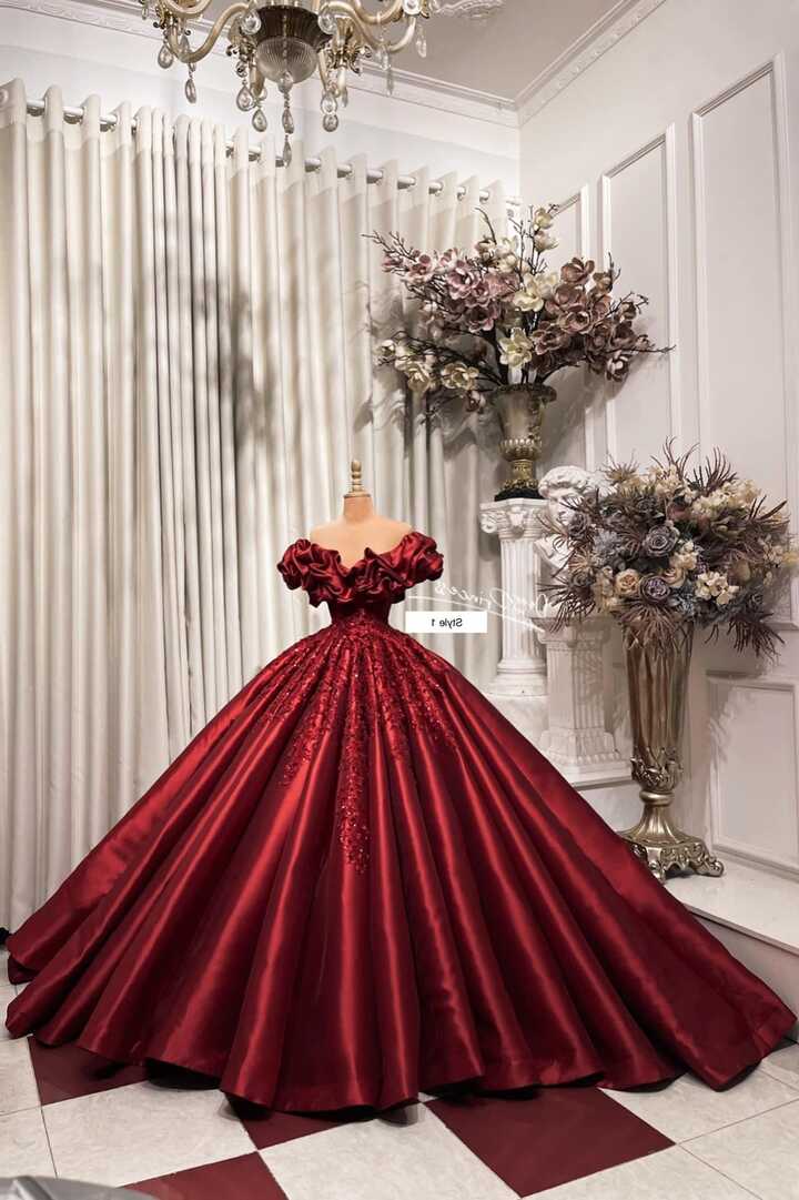 Buy Cherry Red Princess off the Shoulder Satin Ball Gown Wedding ...