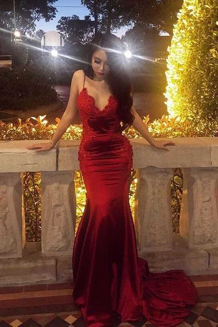 Buy Chic Red Spaghetti Straps Mermaid V Neck Prom Dresses with ...