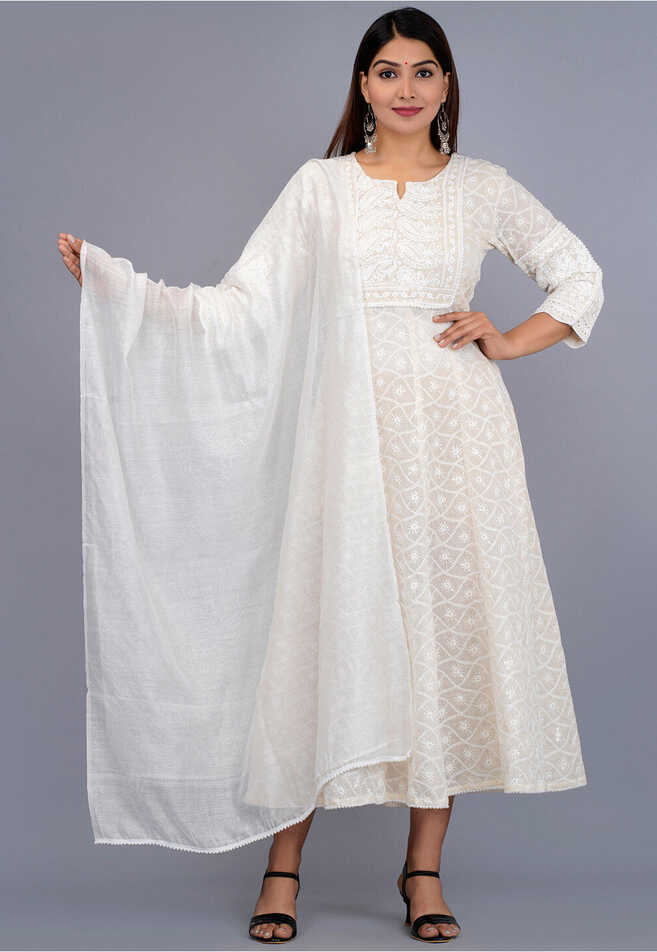 Buy Chikankari Pure Cotton Anarkali Suit in Off White Online ...