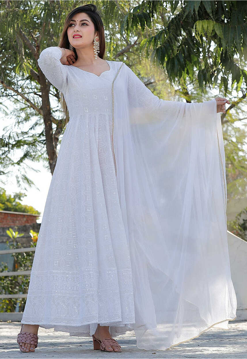 Buy Chikankari Rayon Anarkali Suit in White Online : KER119 ...