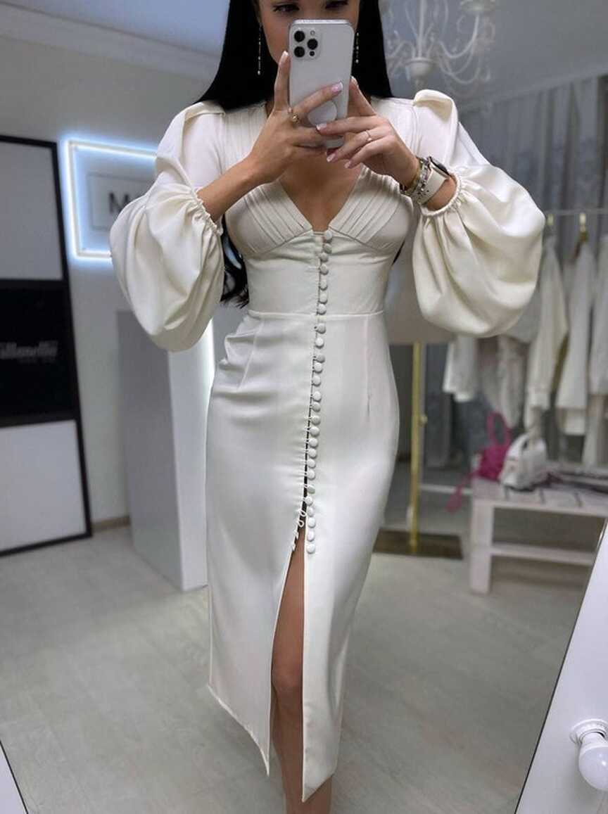 Buy Cream White Satin Midi Bodycon Dress With Front Buttons and ...