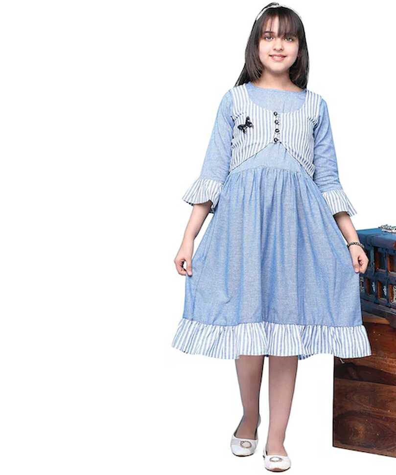 Buy Curly Tales Girls Blue Solid Cotton Dress (12 Years-13 Years ...