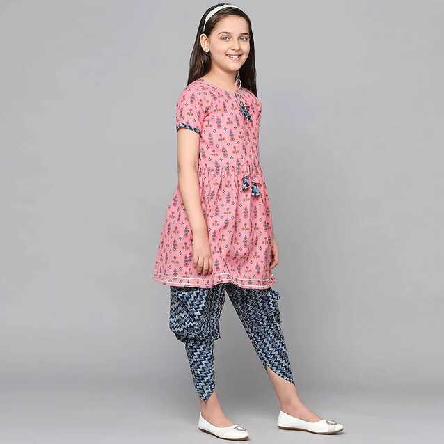 Buy Curly Tales Girls Pink Poly Cotton Kurta With Dhoti (12 Years ...