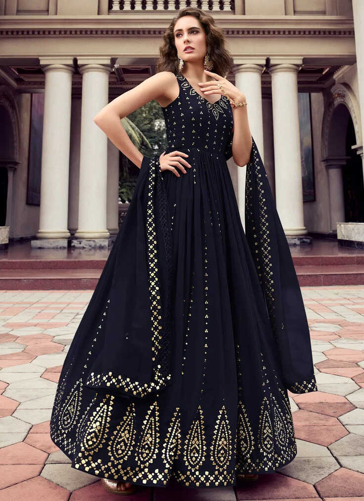 Buy Dark Blue Georgette Embroidered Anarkali Long Gown – Gunj Fashion