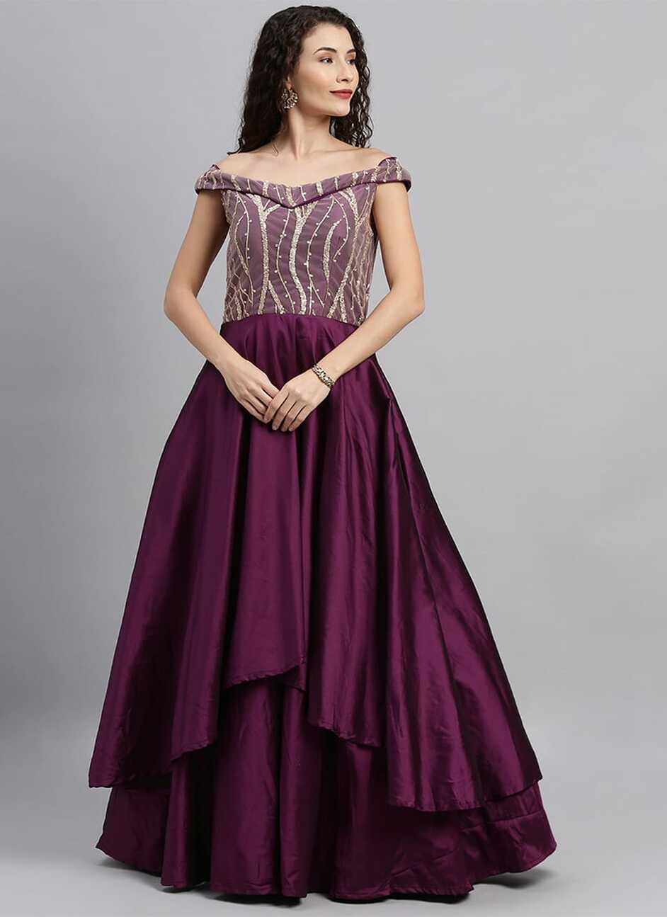 Buy Dark Purple Embroidered Off Shoulder Gown Party Wear Online at ...