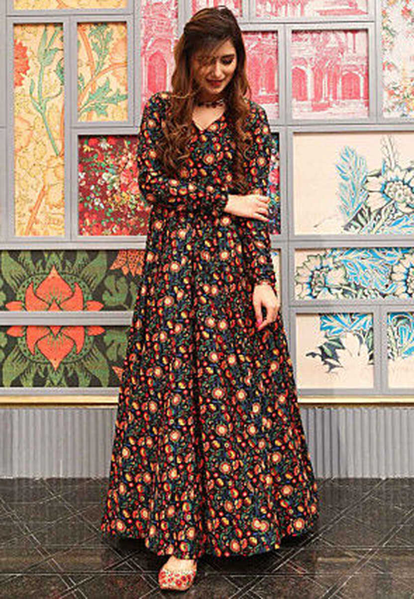 Buy Digital Printed Cotton Flared Gown in Black Online : TFJ113 ...