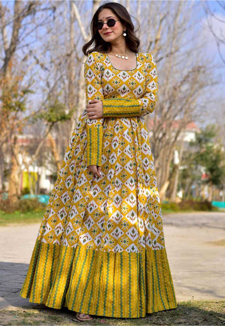 Buy Digital Printed Cotton Flared Gown in Yellow Online : TFJ117 ...