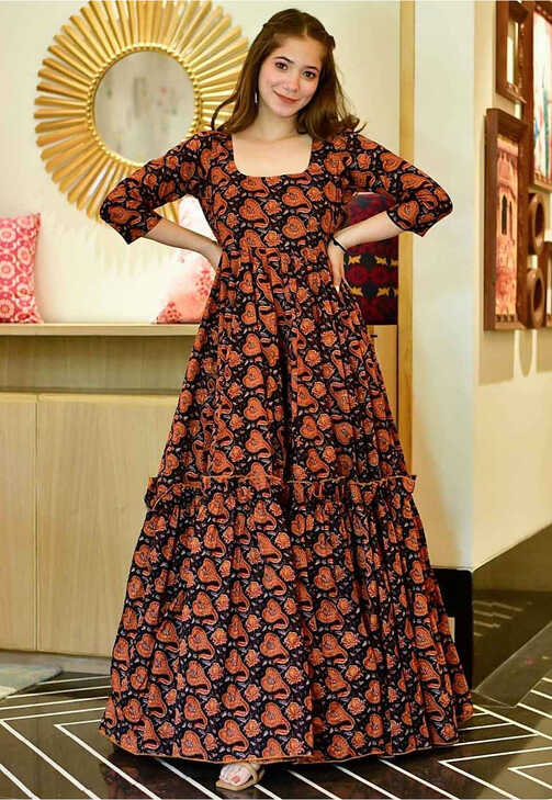 Buy Digital Printed Cotton Maxi Dress in Black Online : TFJ124 ...