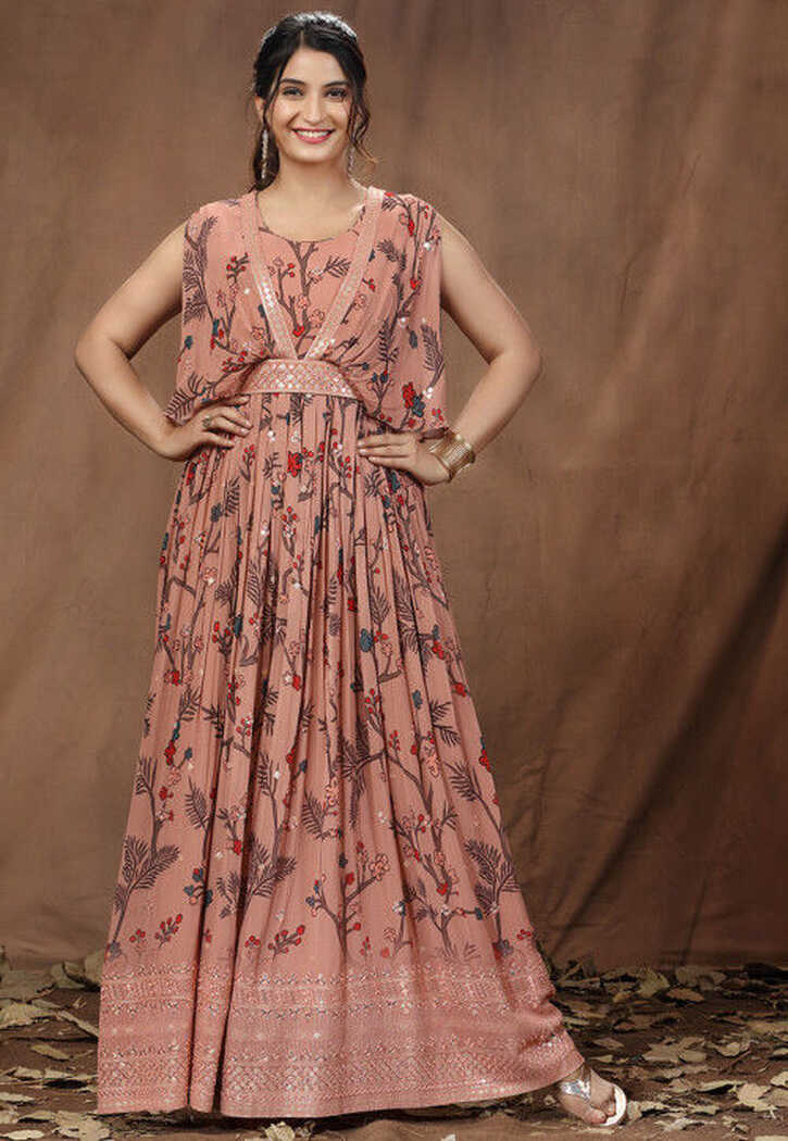 Buy Digital Printed Viscose Georgette Gowns in Dusty Peach Online ...