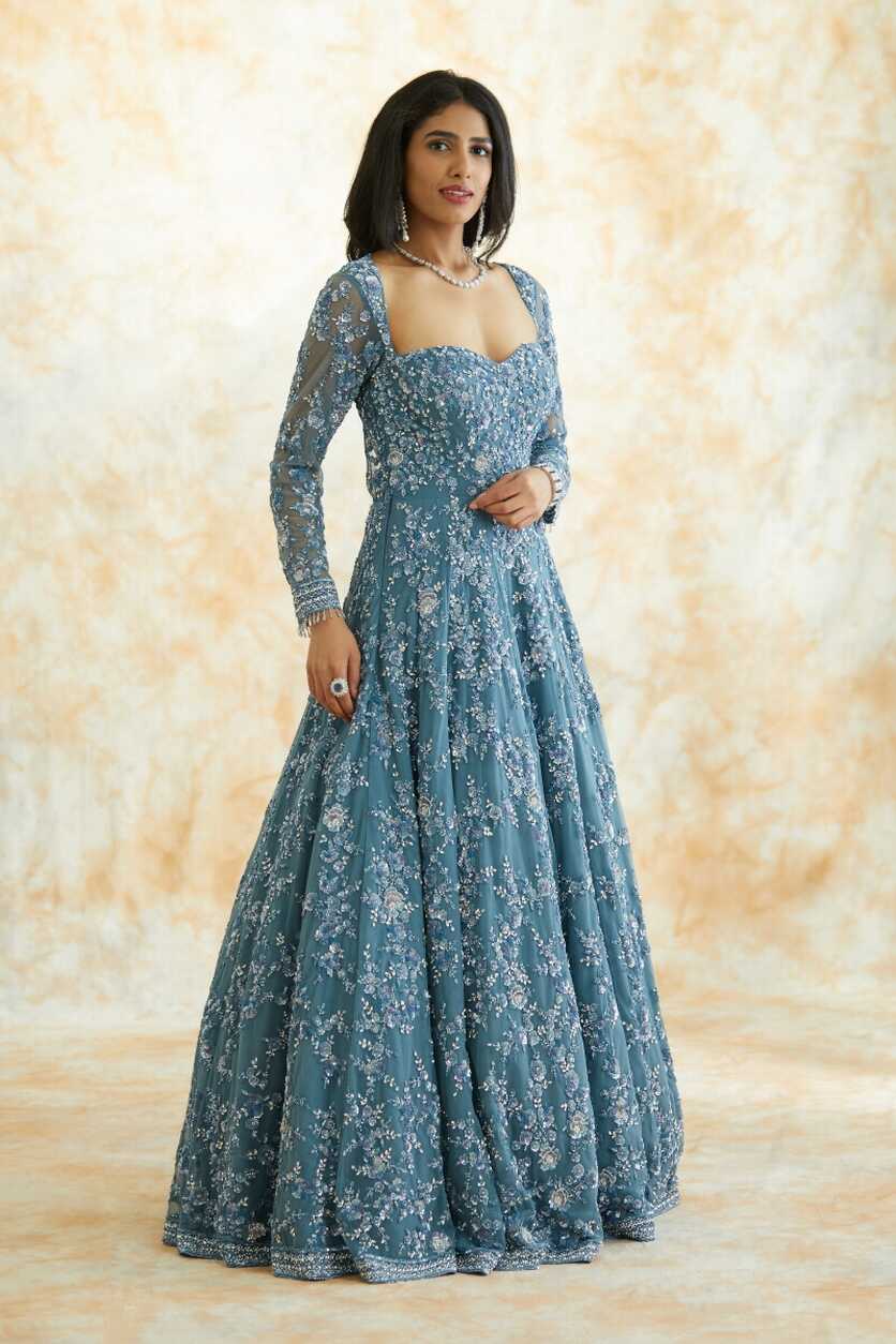 Buy Dusty Blue Embroidered Net Gown For Women Online - Frontierraas