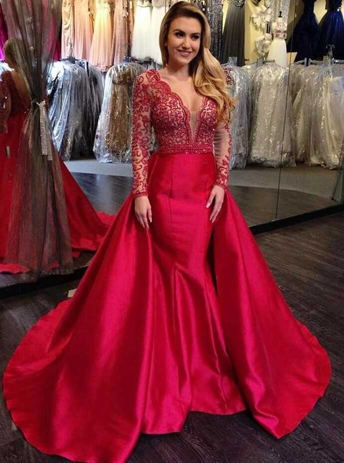 Buy Elegant Mermaid Long Red Long Sleeve Beading V Neck Lace Satin ...