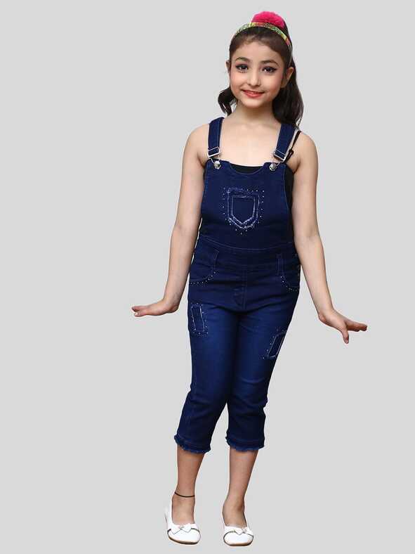 Buy Elendra jeans Girls Navy Blue Solid Denim Dungarees ...