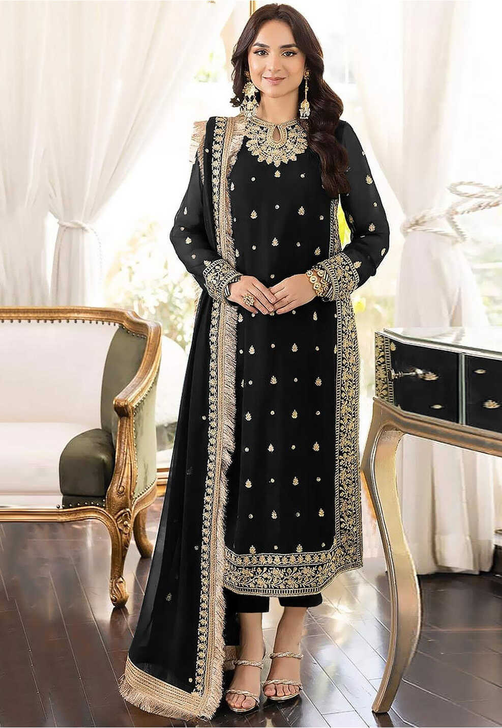 Buy Embroidered Georgette Pakistani Suit in Black Online : KXL292 ...