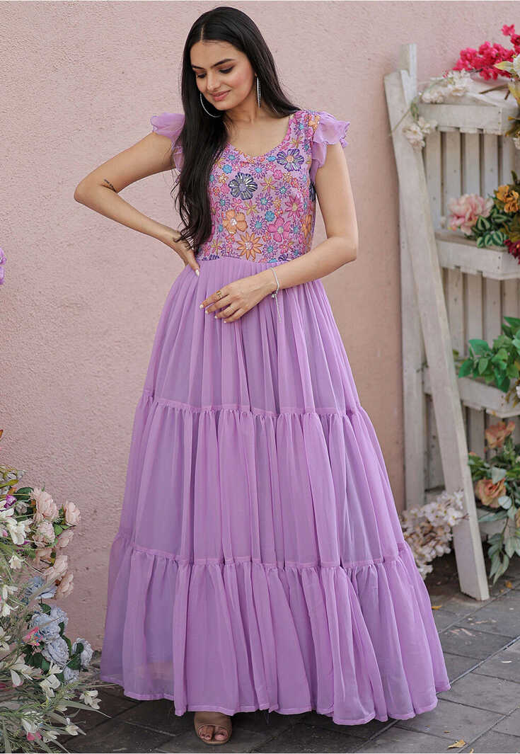 Buy Embroidered Georgette Tiered Dress in Light Purple Online ...