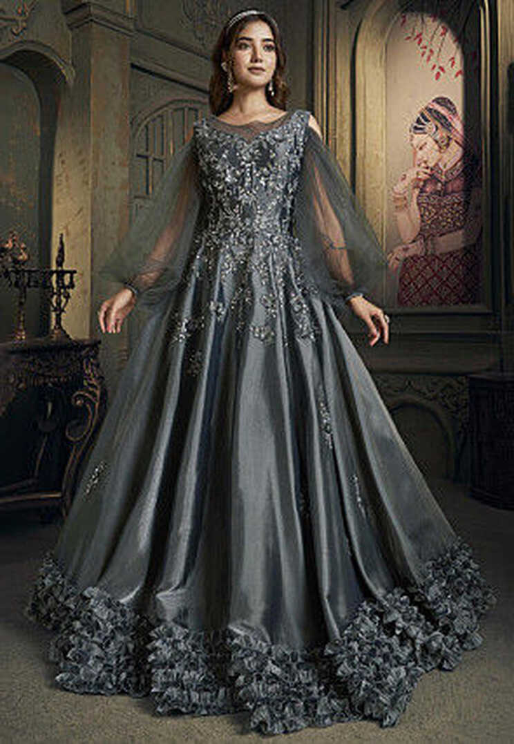 Buy Embroidered Net Gown in Grey Online : TSX264 - Utsav Fashion