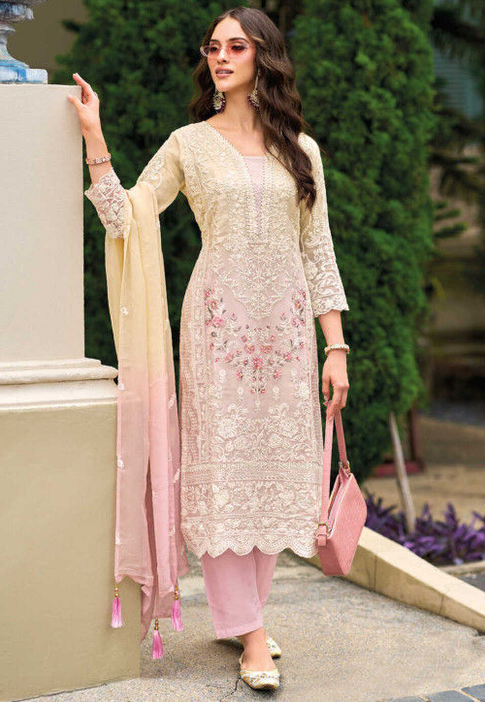 Buy Embroidered Organza Pakistani Suit in Cream and Light Pink ...