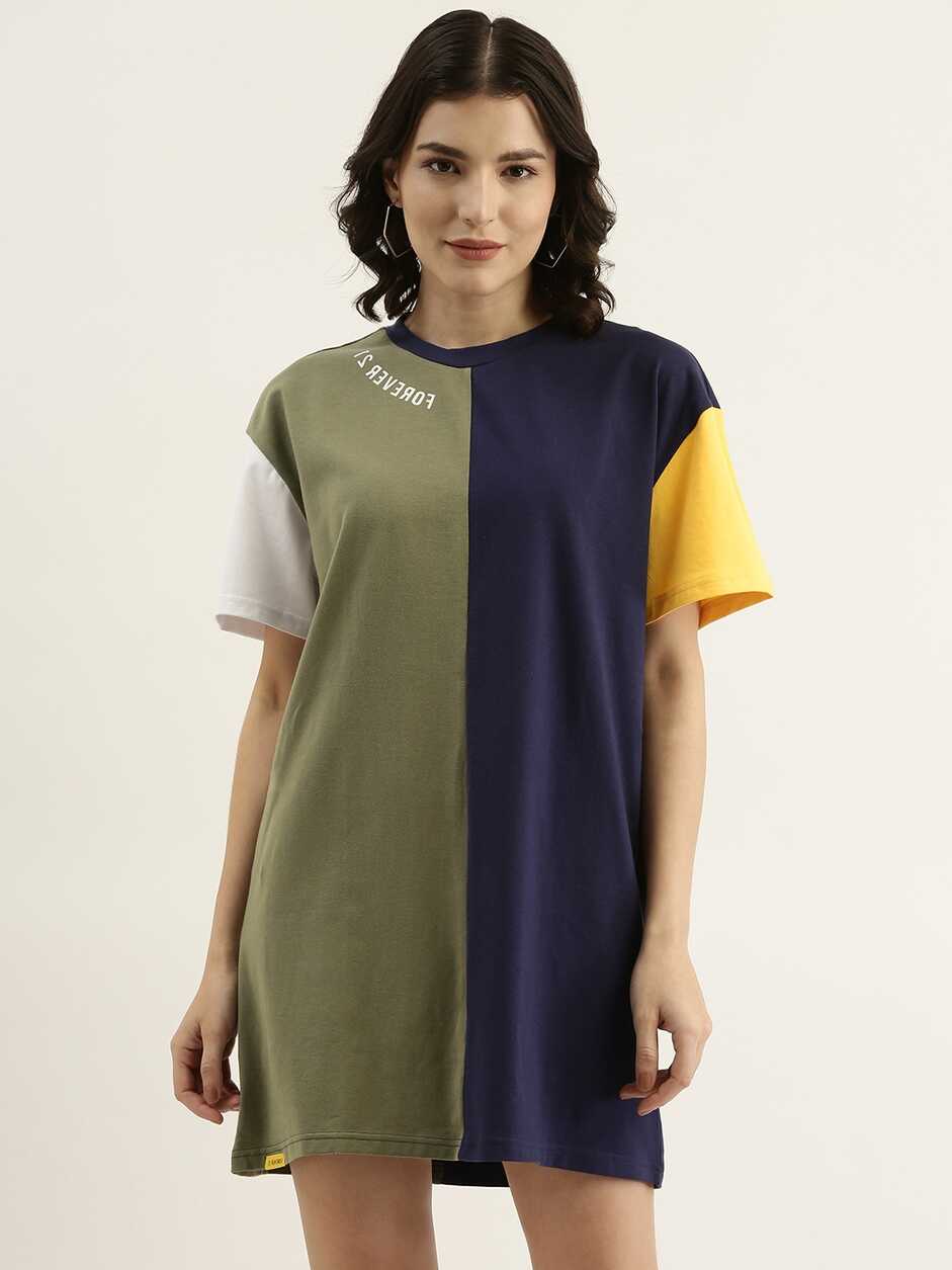 Buy FOREVER 21 Women Navy Blue &amp; Olive Green Colourblocked T-shirt ...