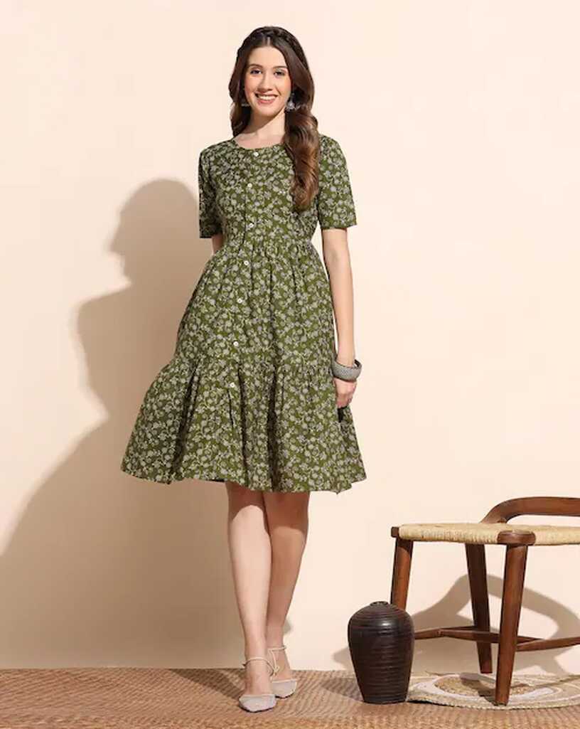 Buy Fashion Dream Women Olive Floral Printed Cotton Tiered Dress ...