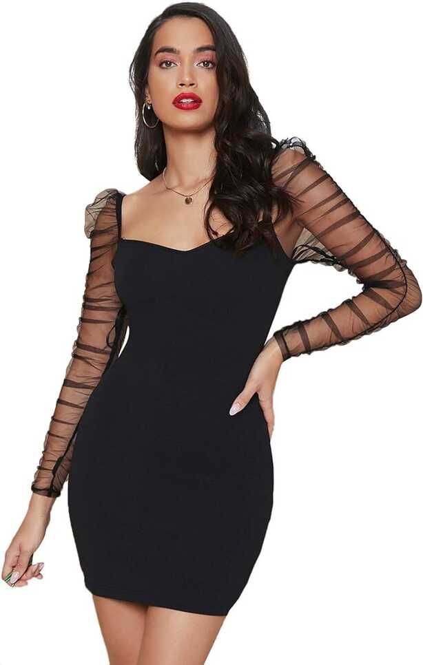 Buy Floerns Women&#39;s Ruched Sheer Mesh Long Sleeve Sweetheart ...