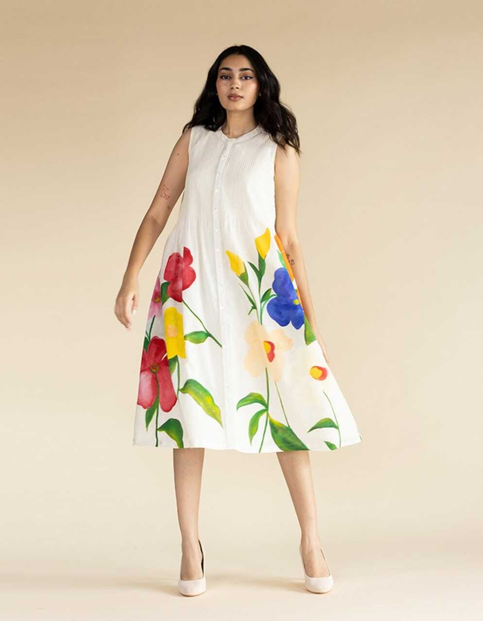 Buy Floral Hand Painted Sleeveless Dress by Designer PURVI DOSHI ...