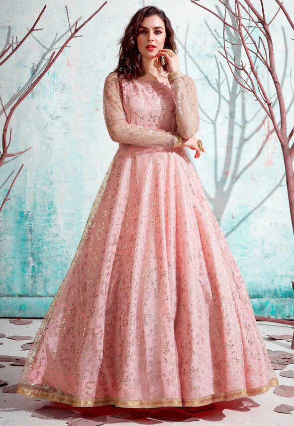 Buy Foil Printed Net Gown in Peach Online : TBZ46 - Utsav Fashion