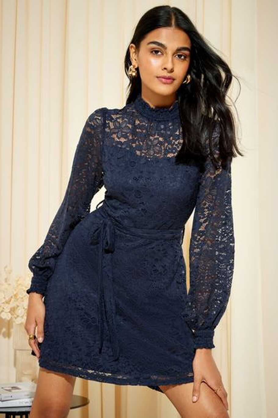 Buy Friends Like These Navy Blue Long Sleeve Lace Mini Dress from ...