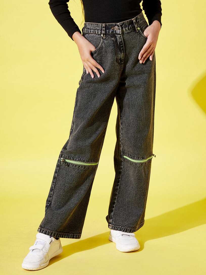 Buy Girls Black Acid Wash Front Zipper Straight Jeans Online at ...