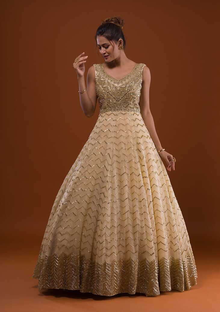 Buy Gold Cutdana Net Designer Gown - Koskii