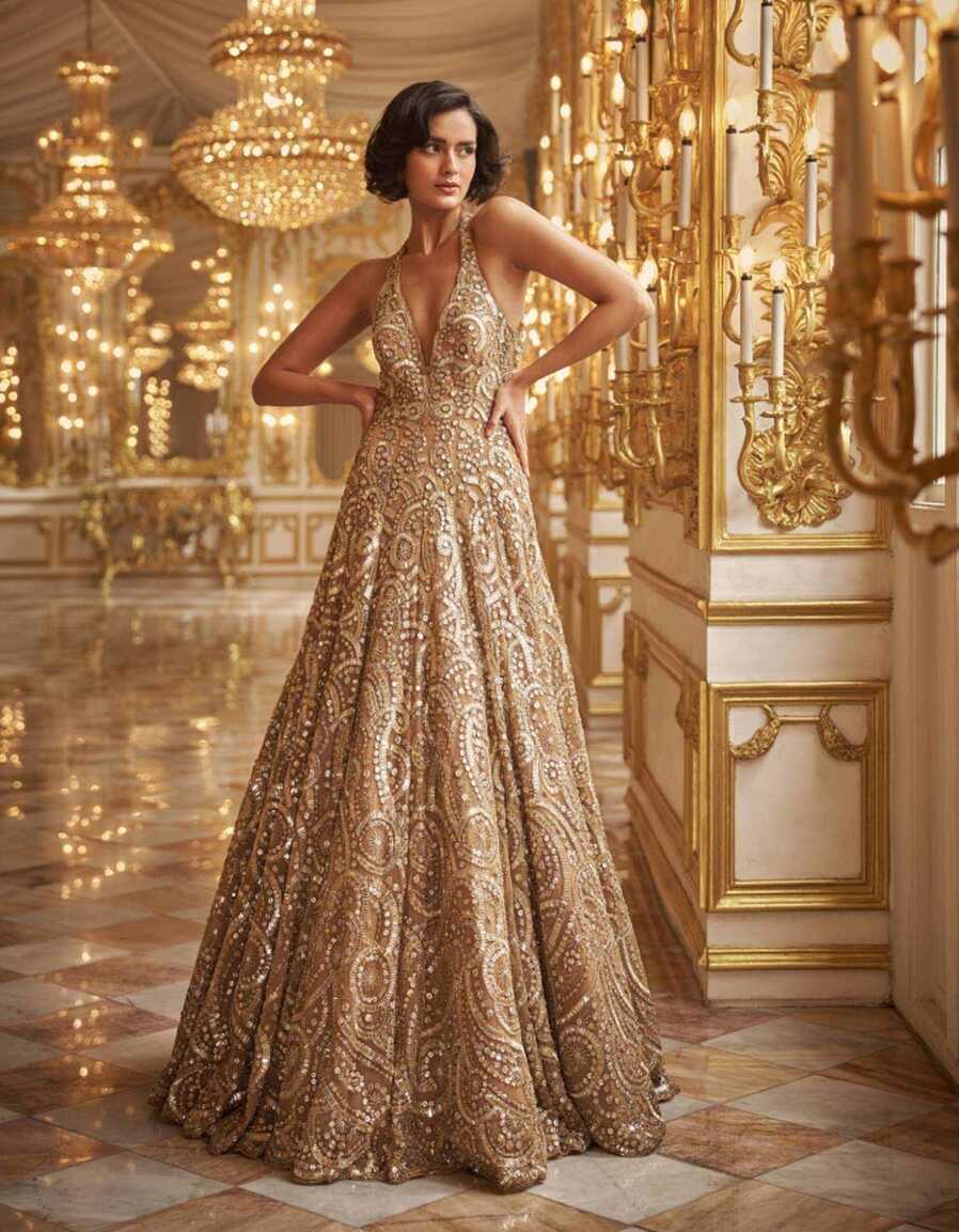 Buy Gold Sequin Gown by Designer SEEMA GUJRAL Online at Ogaan.com