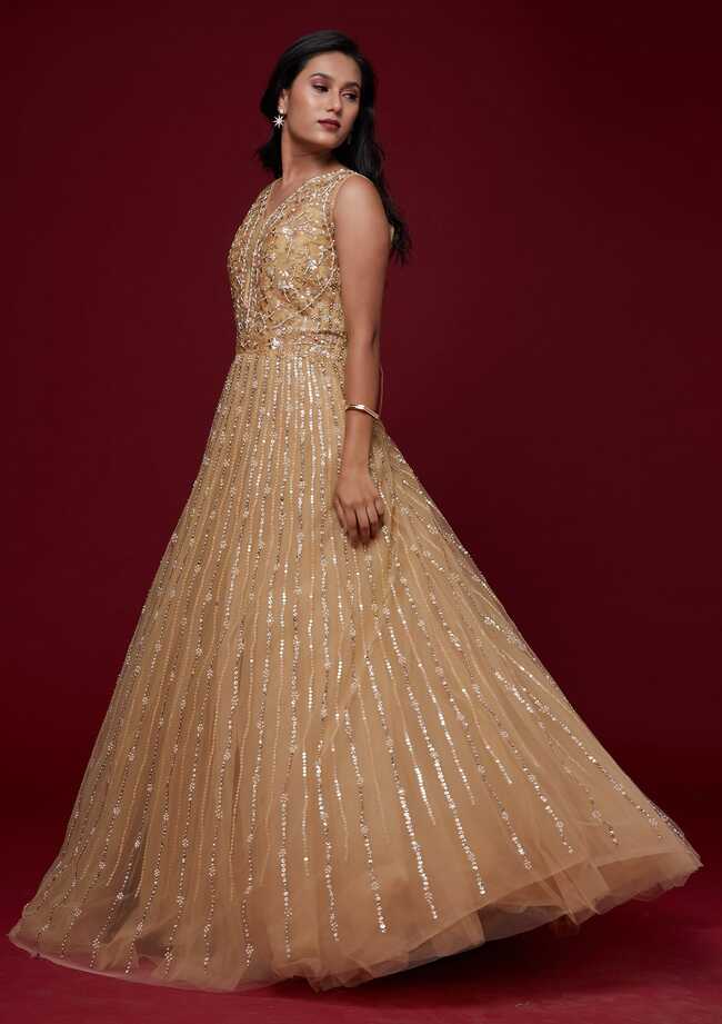 Buy Gold Sequins Net Designer Gown - Koskii